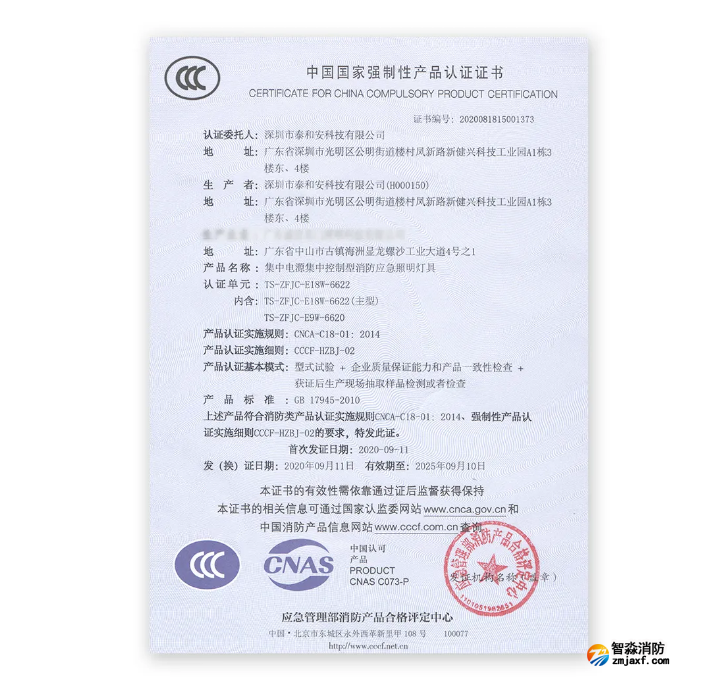 泰和安车库开云电子娱乐官方中国有限公司应急照明灯具证书